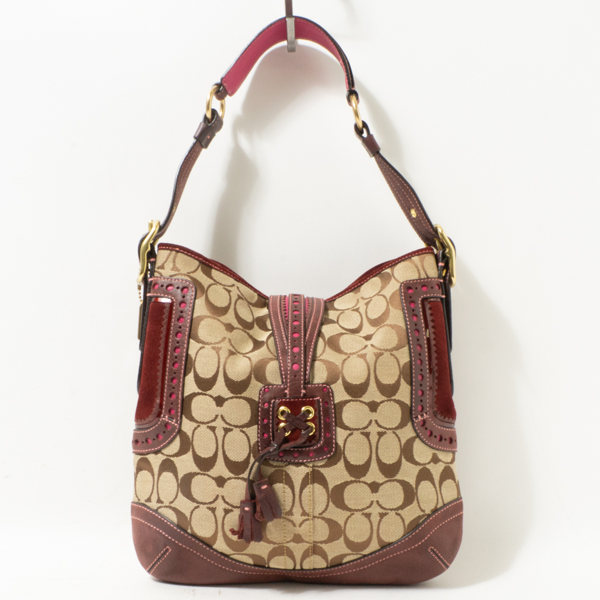 COACH コーチ ハンドバッグ ブラウン パープル ピンク 赤紫 レザー 本 