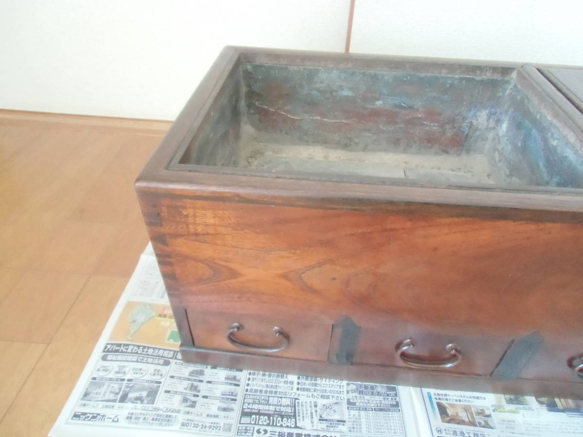 時代物、高級木材、小型江戸火鉢、長さ59cm 江戸 江戸火鉢 欅の