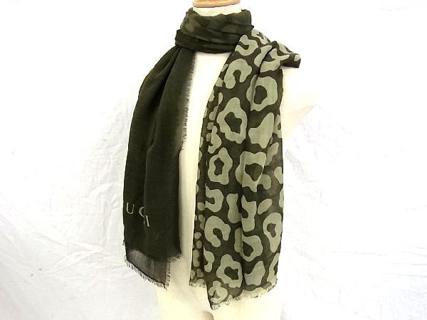 1円 □極美品□ GUCCI グッチ ウール×シルク レオパード スカーフ 