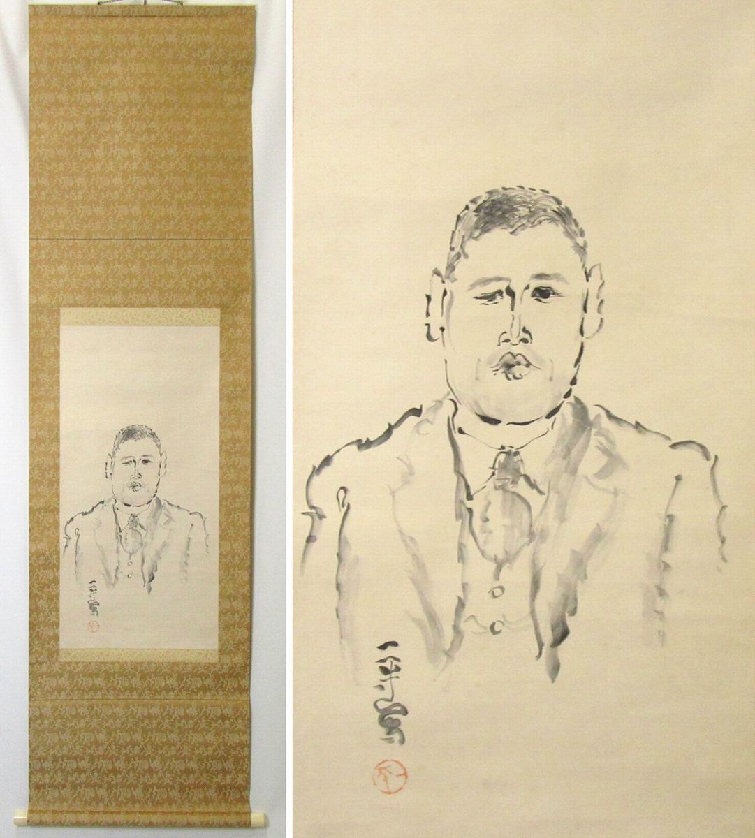 岡本一平　紙本　掛軸（岡本太郎 の父・漫画・水墨画） 真作【倉】《掛軸》岡本一平『岡本幸一肖像画』紙本合箱/漫画家/函館生