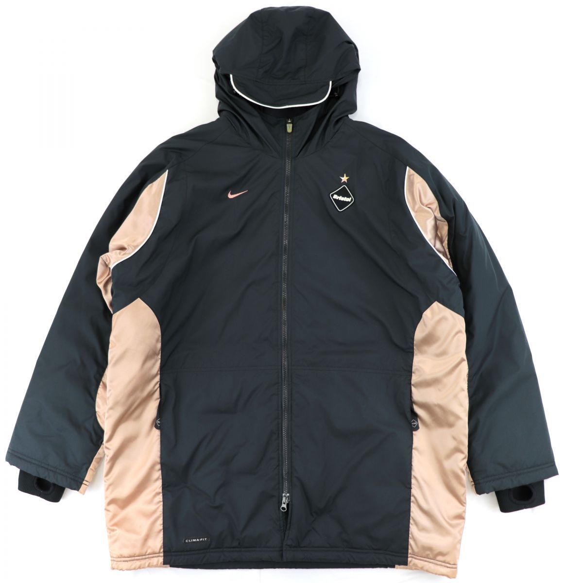 F.C.R.B×NIKE フード付き ナイロン中綿コート 黒×ブロンズ L ロゴ 
