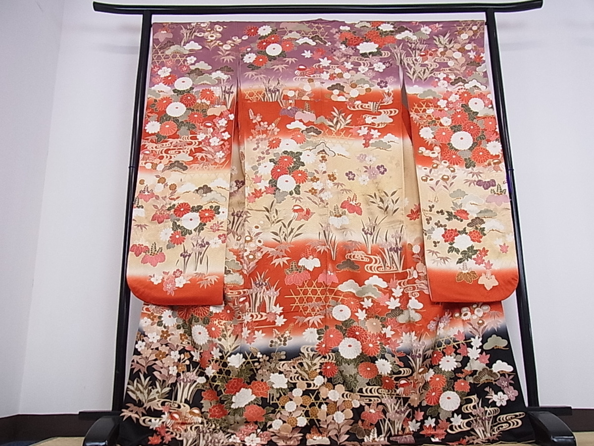 平和屋着物□豪華振袖 駒刺繍 松竹梅鴛鴦草花文 暈し染め 金彩 逸品