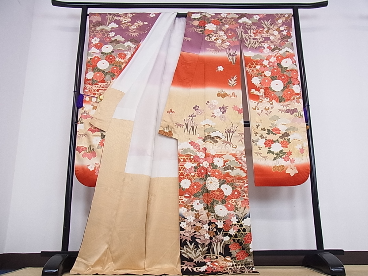 平和屋着物□豪華振袖 駒刺繍 松竹梅鴛鴦草花文 暈し染め 金彩 逸品