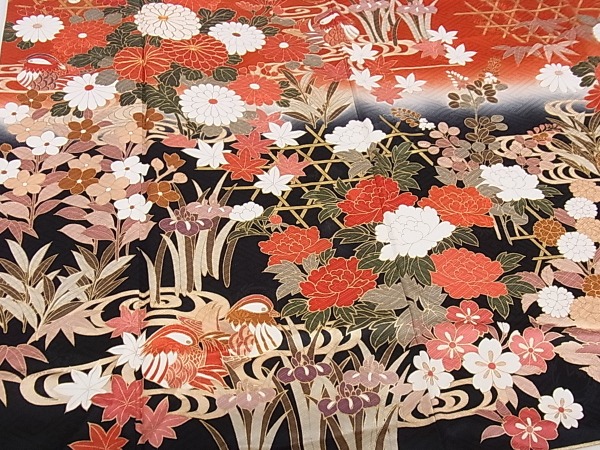 平和屋着物□豪華振袖 駒刺繍 松竹梅鴛鴦草花文 暈し染め 金彩 逸品