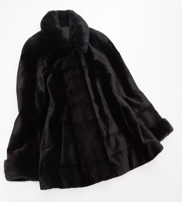 美品▽MINK ブラックミンク 逆毛 本毛皮コート 11号 毛質艶 シェアード 