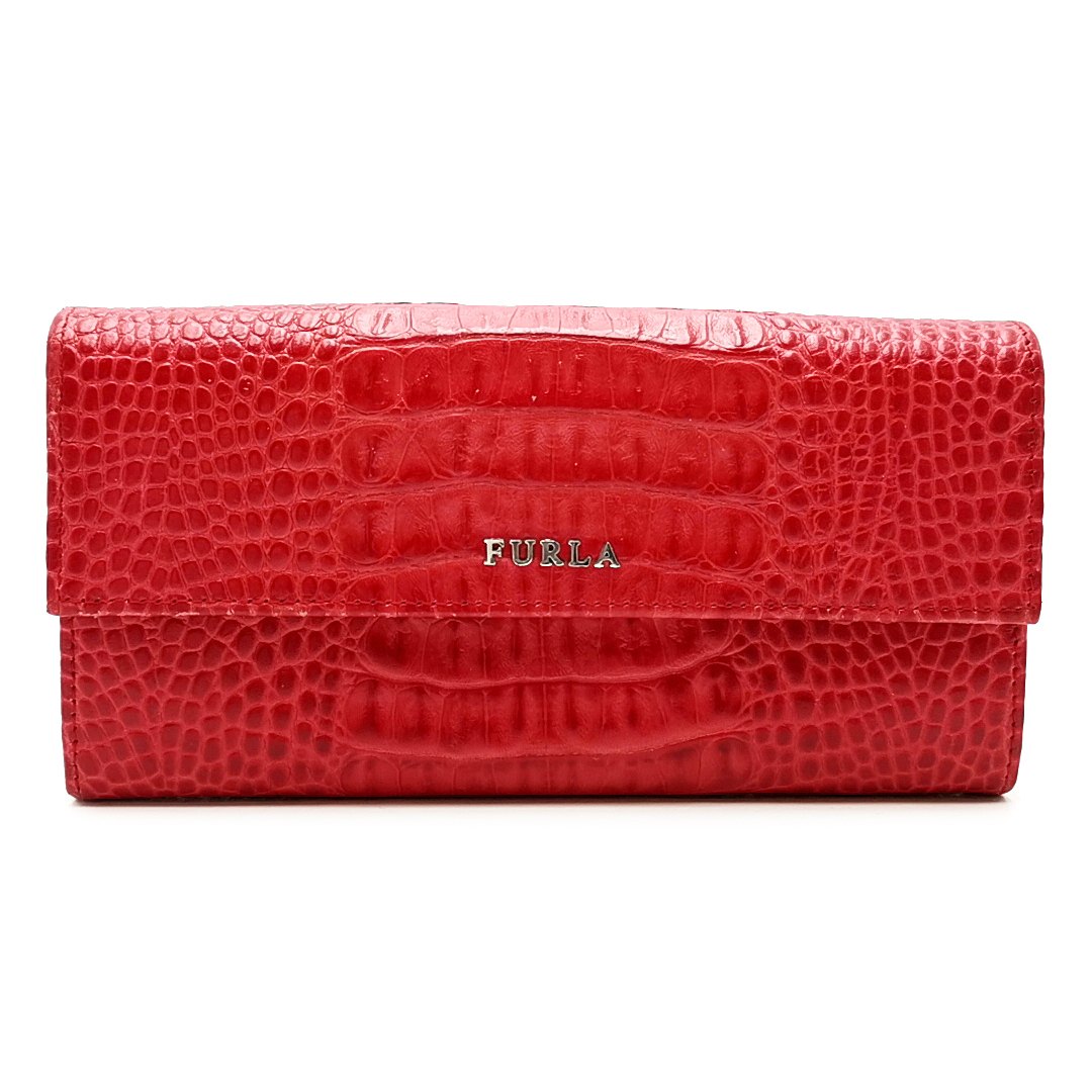 送料無料 美品 フルラ FURLA 長財布 二つ折り クロコ型押し レザー 本