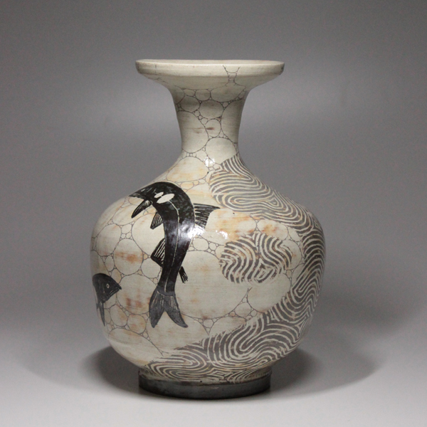 TAKIYA】現代陶芸家 加山哲也『 鉄釉鮎紋壷 』銘有 共箱 父:加山又造