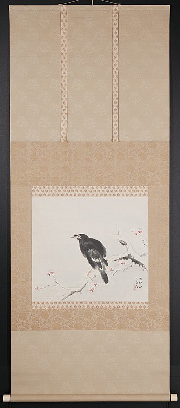 五】橋本関雪 『雪中烏之図』 紙本 彩色 真作 掛軸 共箱 二重箱(花鳥