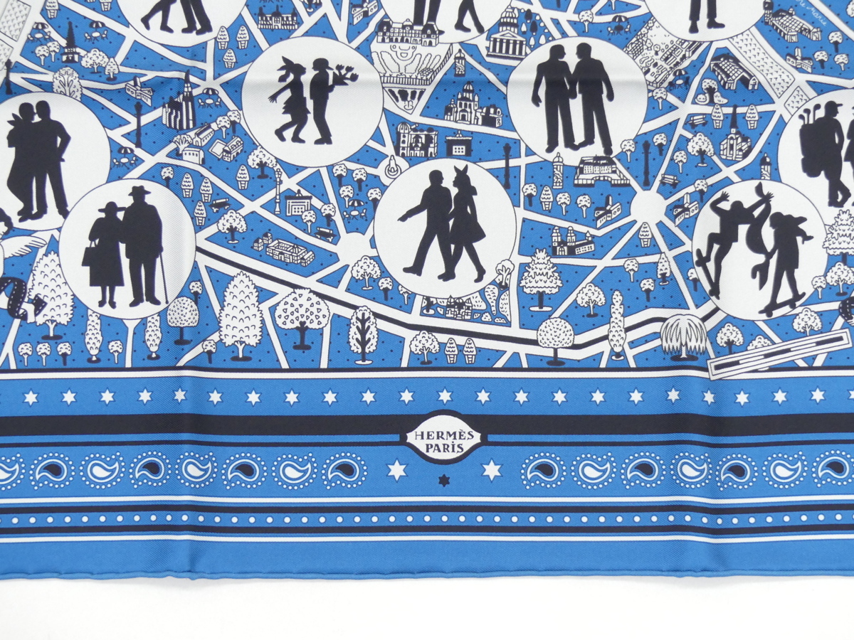 未使用 HERMES シルクバンダナ55 スカーフ 『新パリの恋人たち』ブルー 