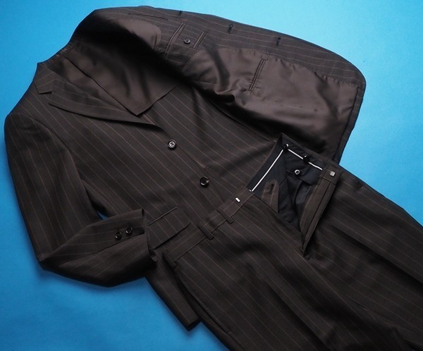 新品26.4万円 オンワード樫山 日本製 春夏『TALLIA DI DELFINO イタリア製生地』LANA&MOHAIR ストライプ スーツA5濃茶 851222