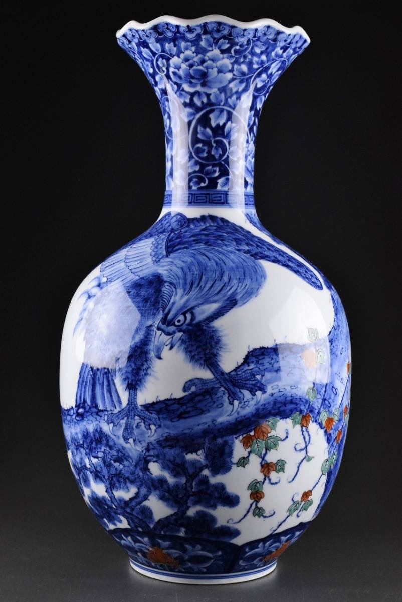 BK651 有田焼 金龍窯 博山作 染錦鷹絵飾壺 飾壷 115㎝ 定価250万