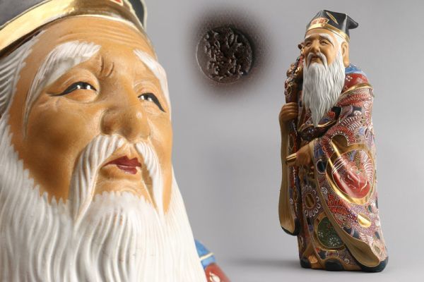 氷】初だし 九谷焼 色絵 金彩 色粒 寿老人 置物 床飾 初荷 骨董 古玩
