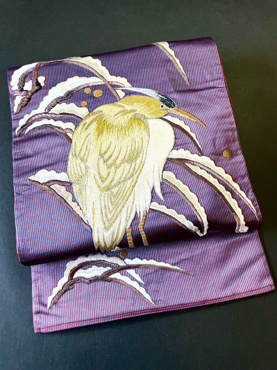 アンティーク着物◆ストライプに雪持ち図　鷺　刺繍　名古屋帯　逸品　大正ロマン　きものさらさ奈良店 鳥 笹 雪 古典柄の通販 水辺に鷺の図紗名古屋帯ご売約済 草（帯｜和服）：レディースファッションの通販