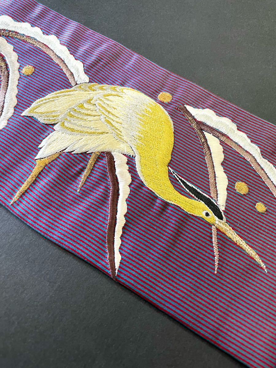 アンティーク着物◆ストライプに雪持ち図　鷺　刺繍　名古屋帯　逸品　大正ロマン　きものさらさ奈良店 鳥 笹 雪 古典柄の通販 水辺に鷺の図紗名古屋帯ご売約済 草（帯｜和服）：レディースファッションの通販