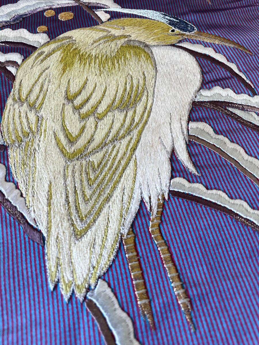 アンティーク着物◆ストライプに雪持ち図　鷺　刺繍　名古屋帯　逸品　大正ロマン　きものさらさ奈良店 鳥 笹 雪 古典柄の通販 水辺に鷺の図紗名古屋帯ご売約済 草（帯｜和服）：レディースファッションの通販