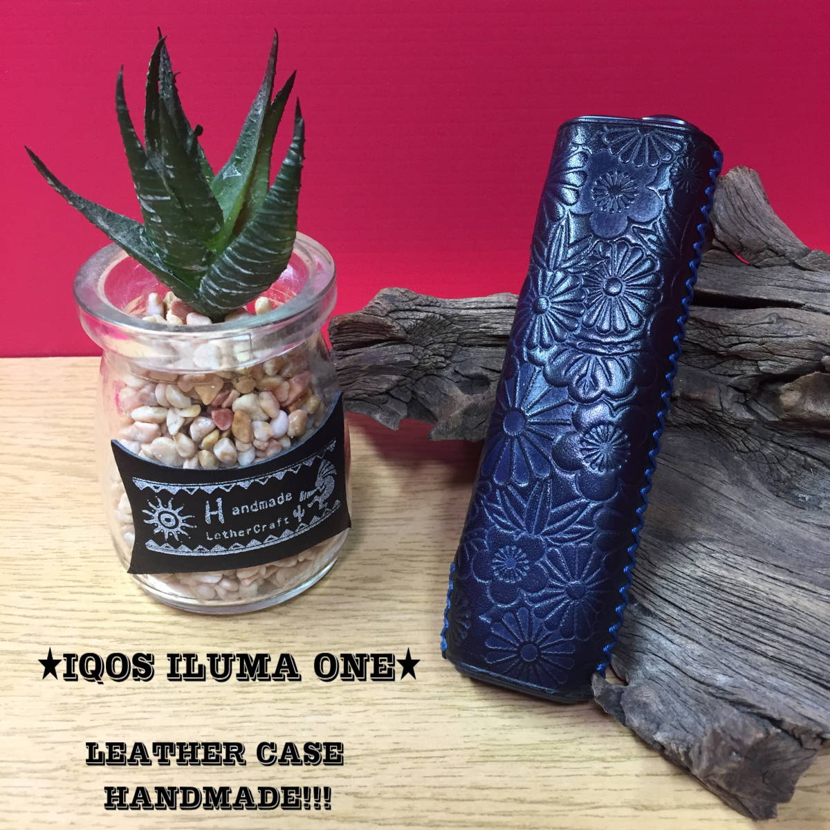 ★新型 IQOS ILUMA ONE レザー ケース【ネイビー染：和柄（花）青糸】アイコスイルマワン用　ヌメ革　本革　新品　ハンドメイド