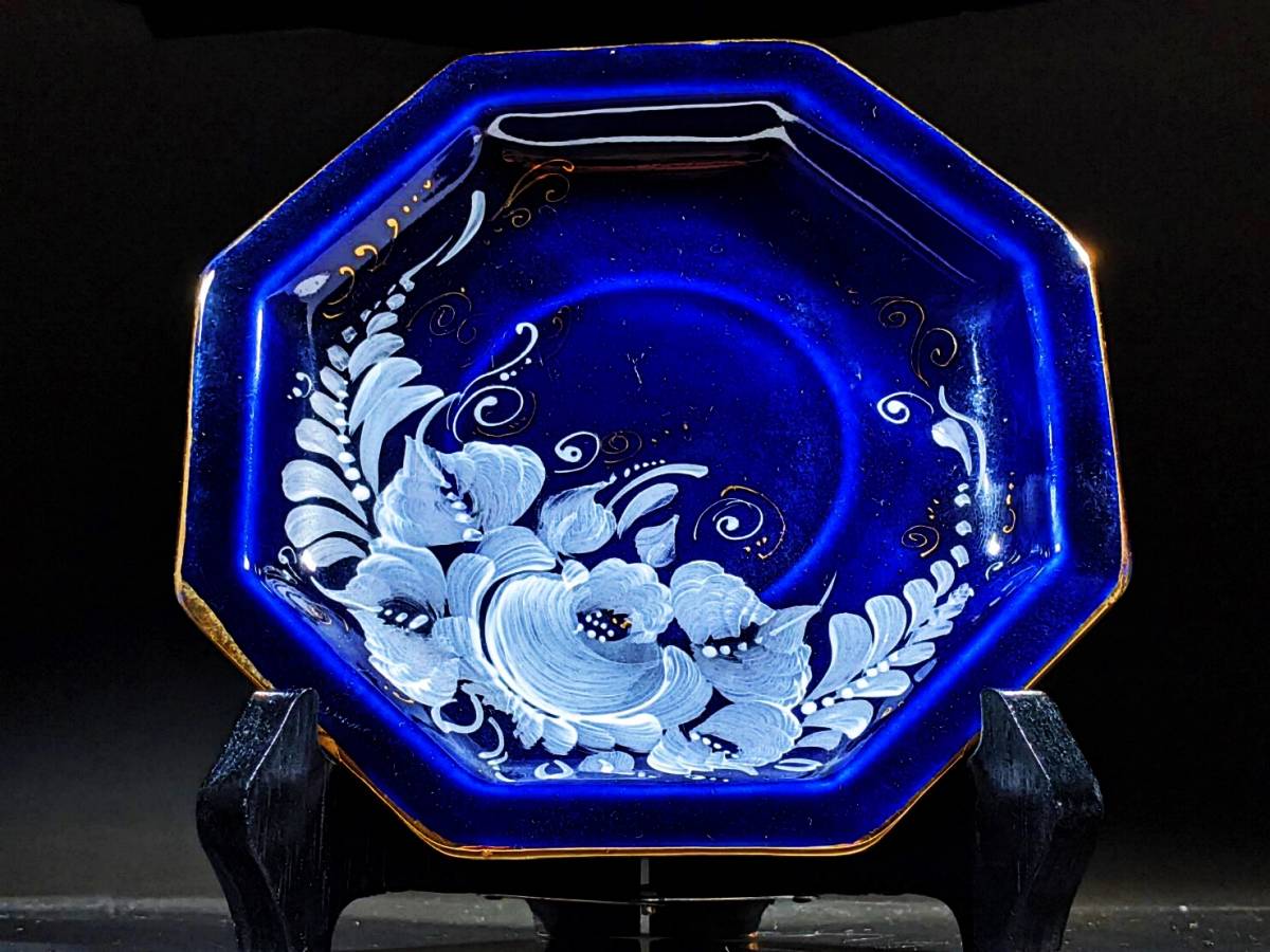 Gzhel グジェリ焼 アンティーク 藍地 コバルトブルー 金縁 薔薇紋様