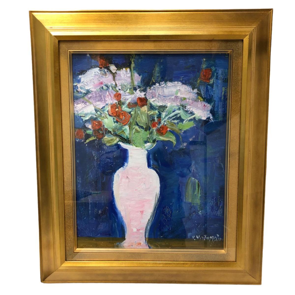 ☆1円 四元祐司 静物 静止画 油絵 絵画 額縁付き 花 雑貨 青系(静物画 