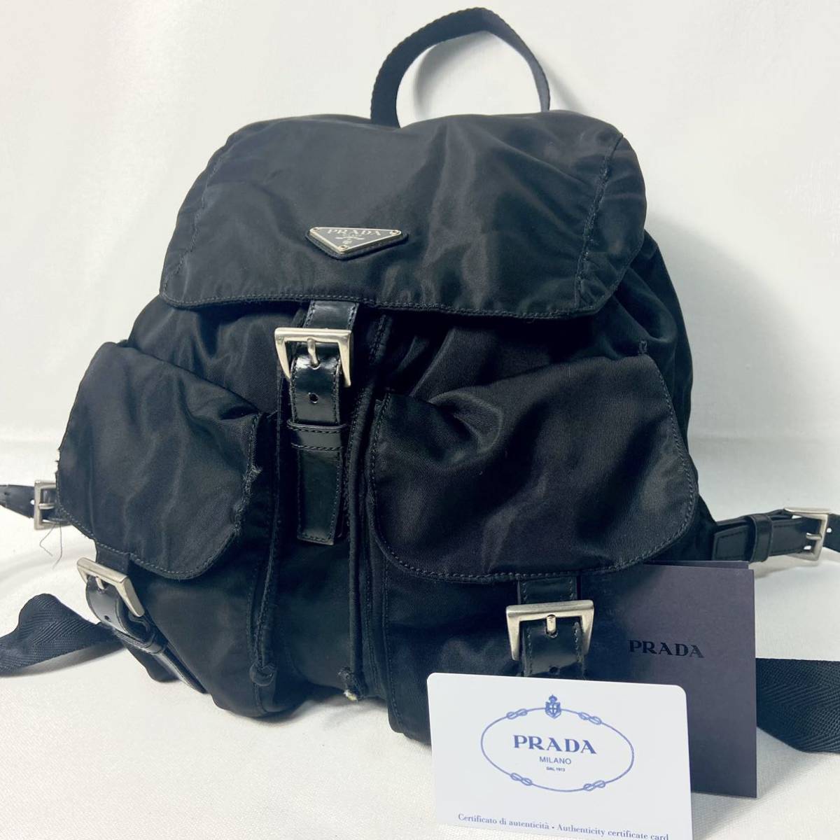 1円《美品》PRADA プラダ テスートナイロン×レザー SV金具 巾着型 