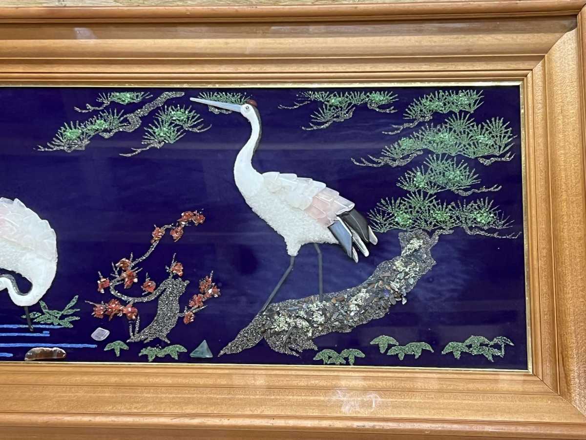 傑作 宝石画 貴石画 ストーン・アート 「鶴に松 水辺に竹 双鶴