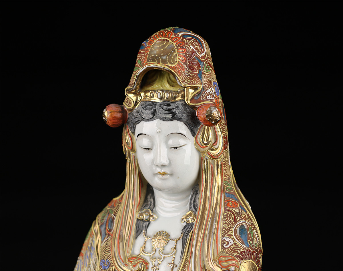 C7594 江戸時代 【古九谷焼】 色絵 観音 置物 高44.5cm／状態いい美品