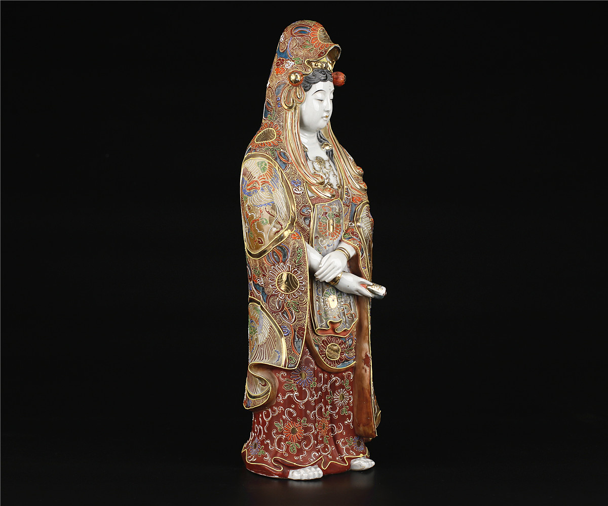 C7594 江戸時代 【古九谷焼】 色絵 観音 置物 高44.5cm／状態いい美品