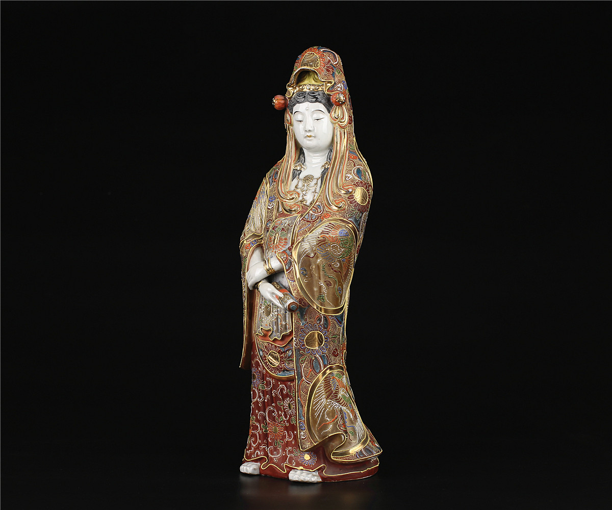C7594 江戸時代 【古九谷焼】 色絵 観音 置物 高44.5cm／状態いい美品