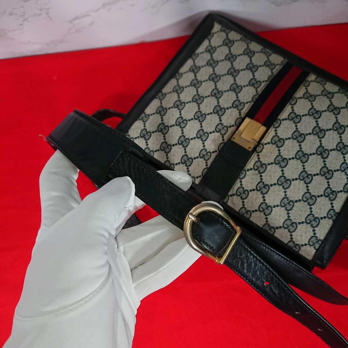 希少 オールドグッチ ショルダーバッグ ネイビー ゴールド金具 GG柄 GG金具
