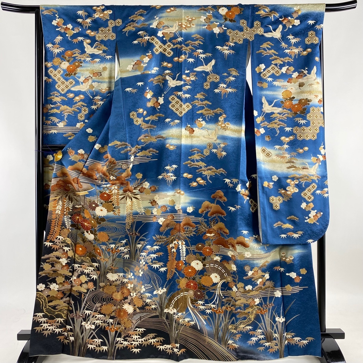 振袖 名品 松竹梅 建物 金糸 金彩 青 袷 身丈167cm 裄丈66cm M 正絹 【中古】 ☆☆☆☆