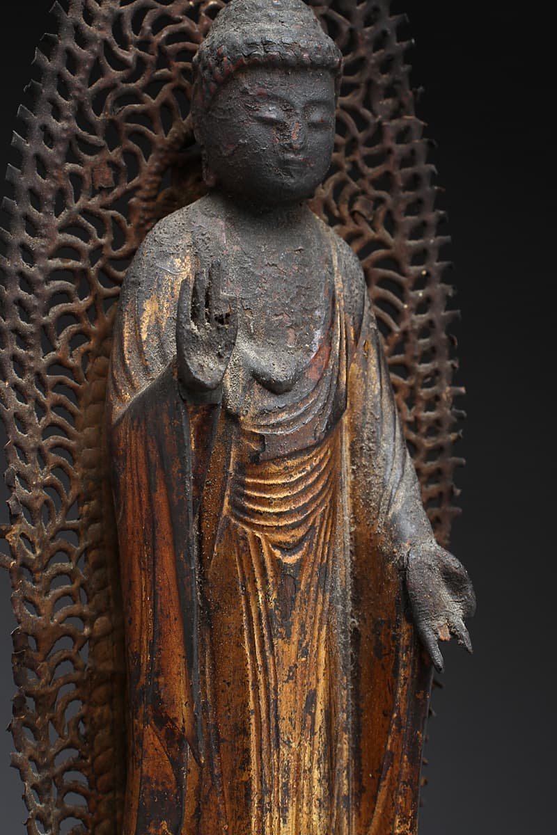 木彫如来立像 時代物 EC265 時代物 漆箔 木造阿弥陀如来立像 全高60cm