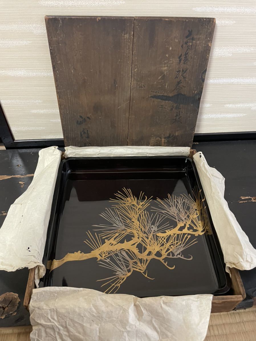 輪島塗 四方盆 丸盆 流時代漆器 霊芝 煎茶 蒔絵盆 木製漆器 梨地鶴松