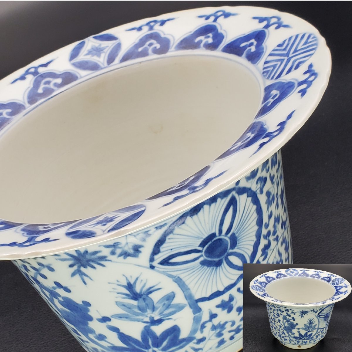 古伊万里 植木鉢 盆栽 錦手丸鉢 高19.5cm 三足蘭鉢 七宝