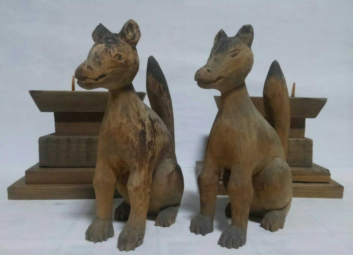 稲荷 狐 木彫り 台座付き 明治期 稲荷神社 寺社 仏閣 キツネ きつね