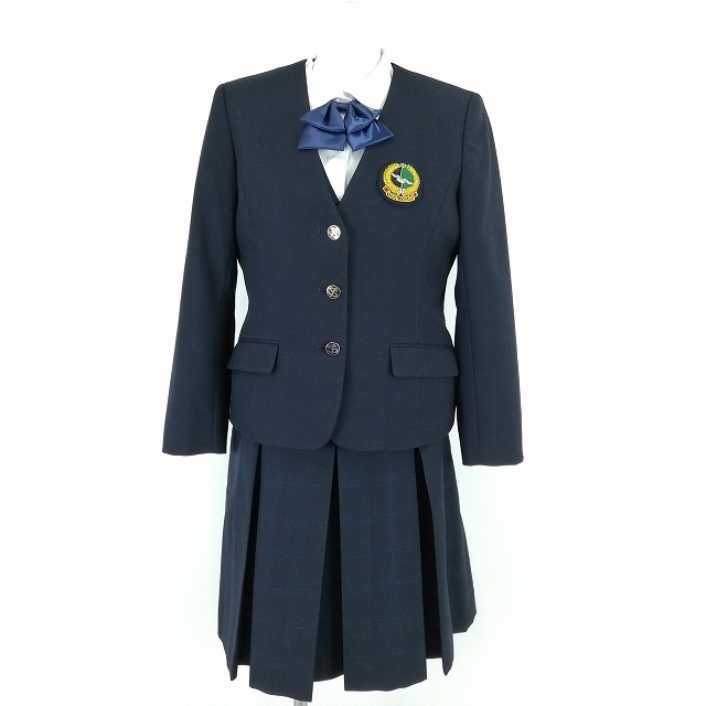 1円 イートン ベスト チェックスカート リボン 等 上下5点セット 指定 165A 冬物 長袖 東海大学付属相模中学高校 紺 中古 ランクB EY6211_1