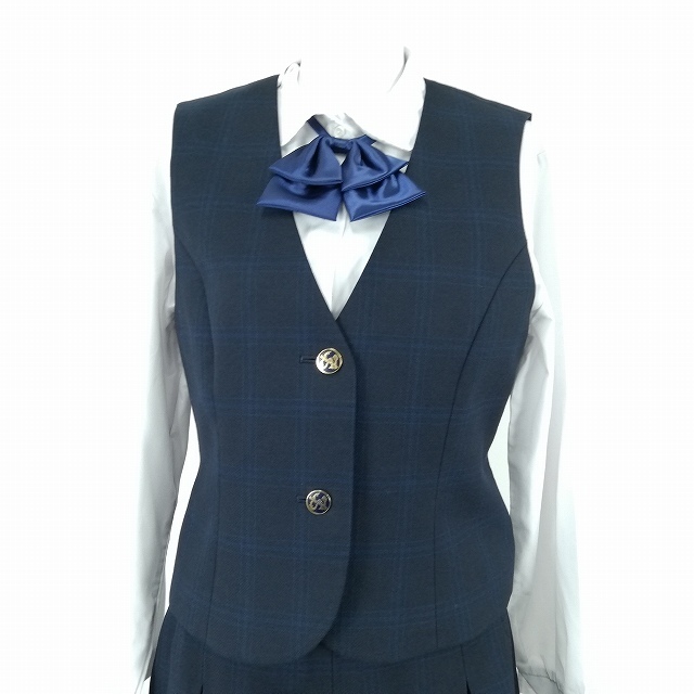 1円 イートン ベスト チェックスカート リボン 等 上下5点セット 指定 165A 冬物 長袖 東海大学付属相模中学高校 紺 中古 ランクB EY6211_7