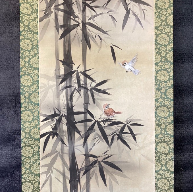 真筆 金谷春扇 竹に雀図 絹本肉筆 共箱 検 小禽/書画/掛け軸/中国/山水