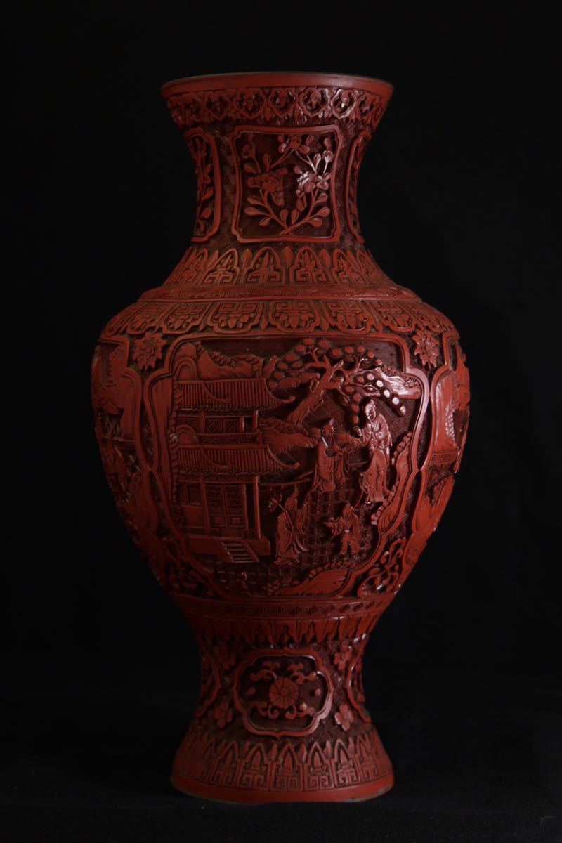 堆朱 蓋付き壺 中国美術 彫刻 骨董品 置物 昭和レトロ アンティーク 堆朱壺 ついしゅつぼ 中国 漆器 置物 朱色 赤 彫刻 骨董品 美術品 高さ