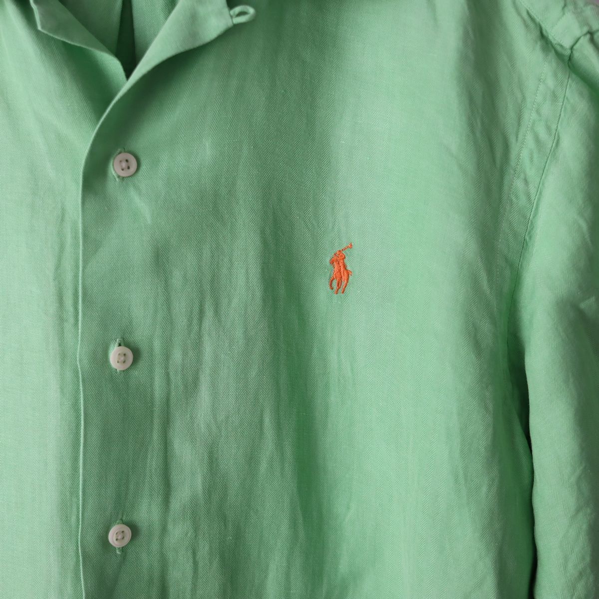 90s ラルフローレン 開襟シャツ 希少 グリーン リネン シルク L / POLO 