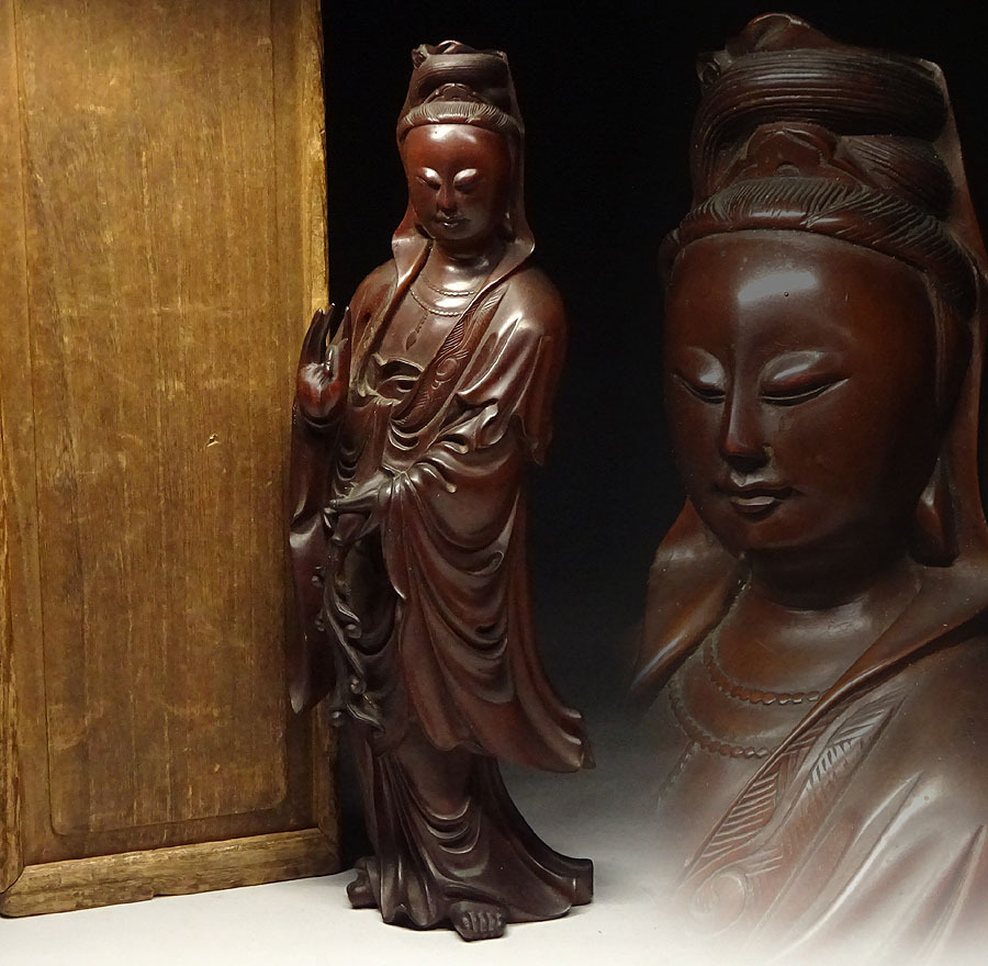 中国古玩 古木彫 唐木 竜眼木 観音立像 高76cm 仏像 手彫 唐物
