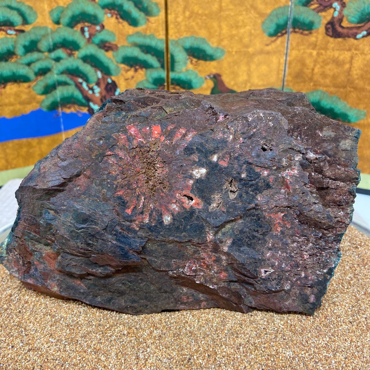 天然赤花菊花石 原石 3.34kg ☆ 鑑賞石 菊花石 盆栽(原石)｜売買された 