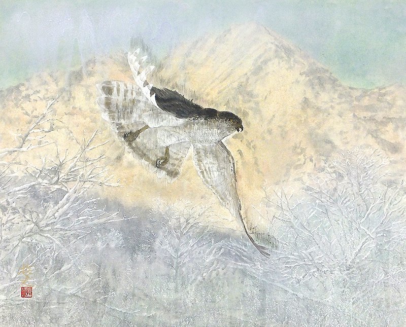 GLC】西藤哲夫 「飛翔」 日本画12号共シール 絹本 院展特待 師：今野