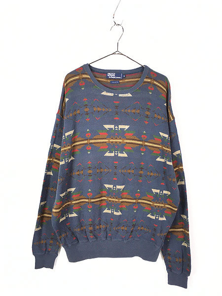 古着 POLO Ralph Lauren ネイティヴ チマヨ 総柄 ライトコットン ニット セーター XL 古着