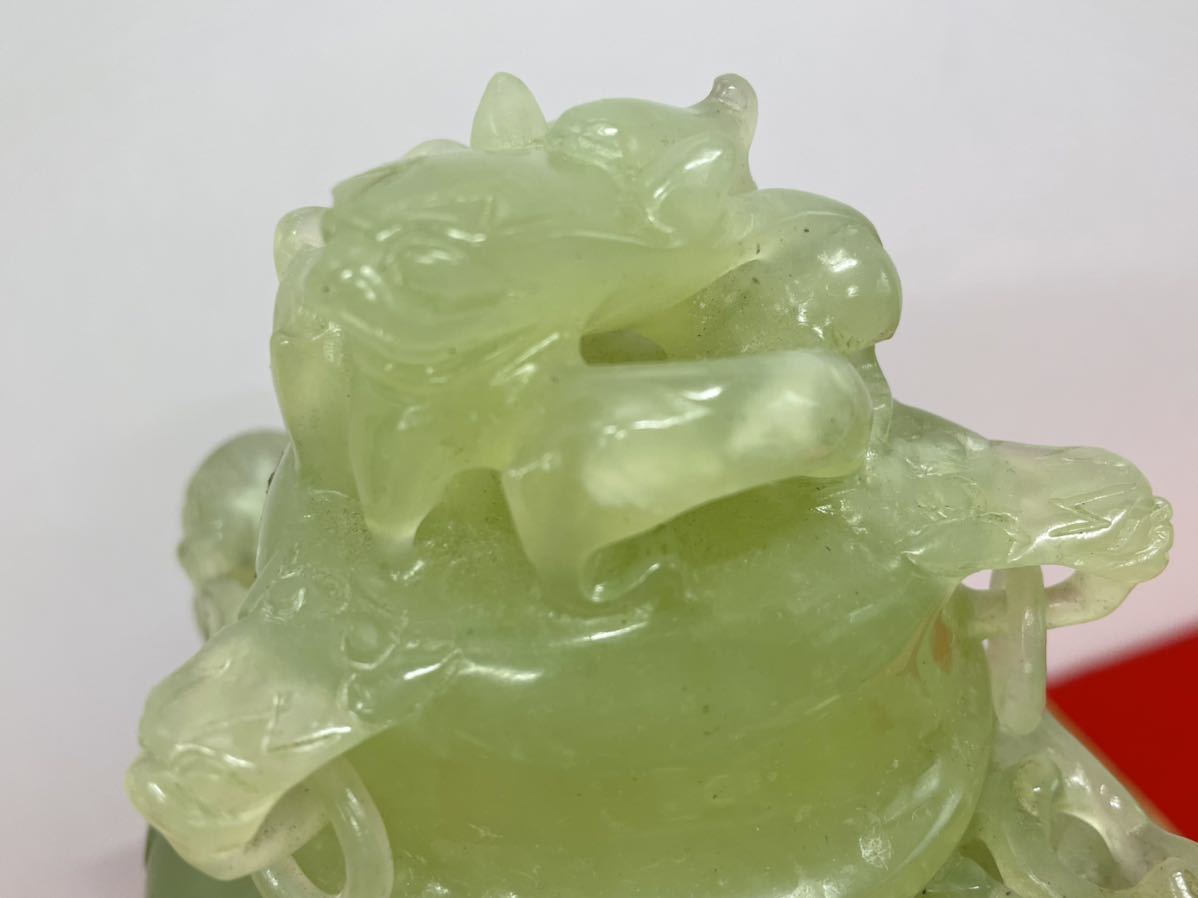 上海【玉製 獅子彫刻香炉 重量 1084g 唐木台付】箱付き 検索）唐物