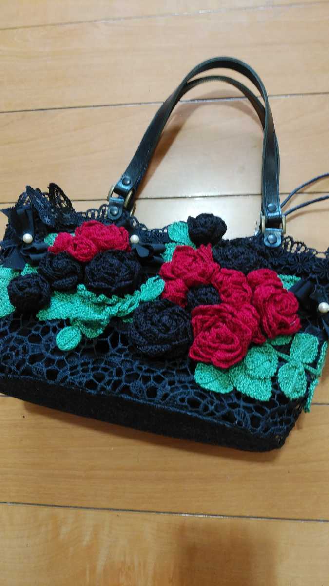 ハンドメイド 猫モチーフ クロシェ編み グラニーバッグ ネイビー