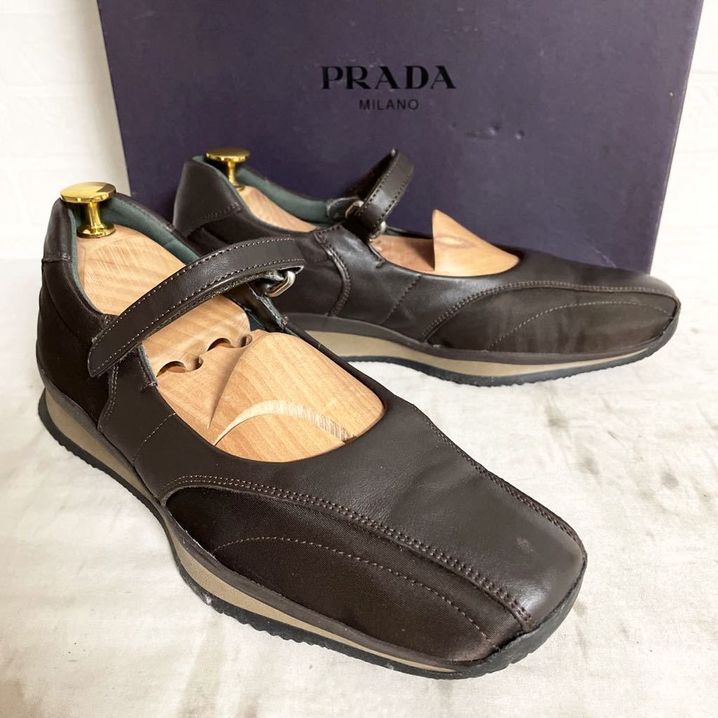 2767☆ 箱付き PRADA プラダ ストラップ スニーカー レザー切り替え 