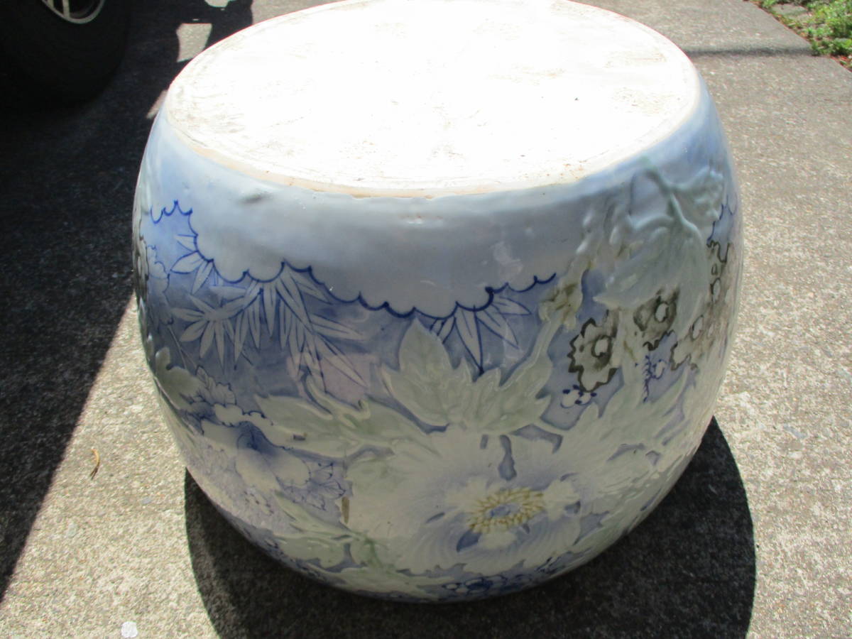 骨董 火鉢 染め付け モダン レトロ花 メダカ 睡蓮鉢 金魚 テーブル