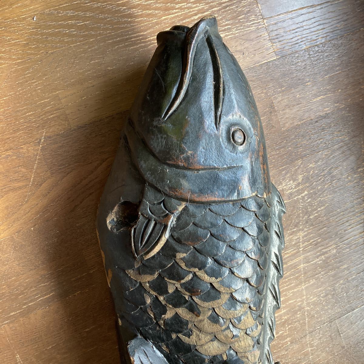 囲炉裏 自在鉤 魚 木彫り 古民具 アンティーク 時代物 鯉 長さ約62cm