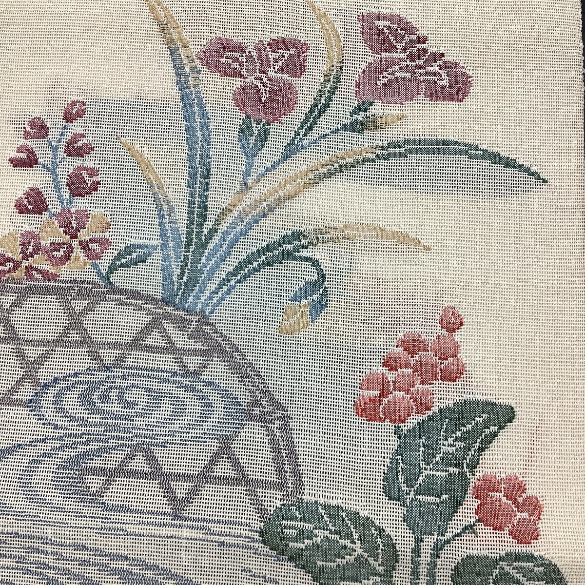 きものcocon★名古屋帯★開き仕立て★夏帯★長さ356/幅30.5/正絹/薄ベージュ系/生成り系/花/観世水/【7-21-3O-1489-b】