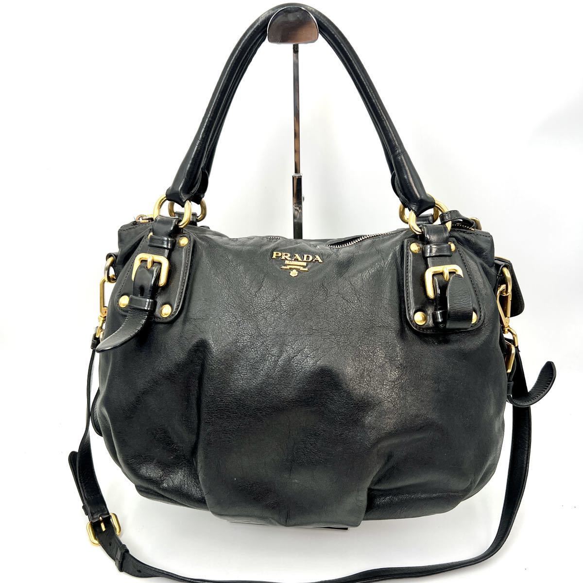 1円〜【最高級・極上】 PRADA プラダ トートバッグ ハンド 2WAY ショルダー付き ゴールド金具 レザー 黒 ブラック ロゴ 刻印 シリアル有 PRADA プラダ トートバッグ バッグ ワンショルダーバッグ ハンドバッグ＆トートバッグ