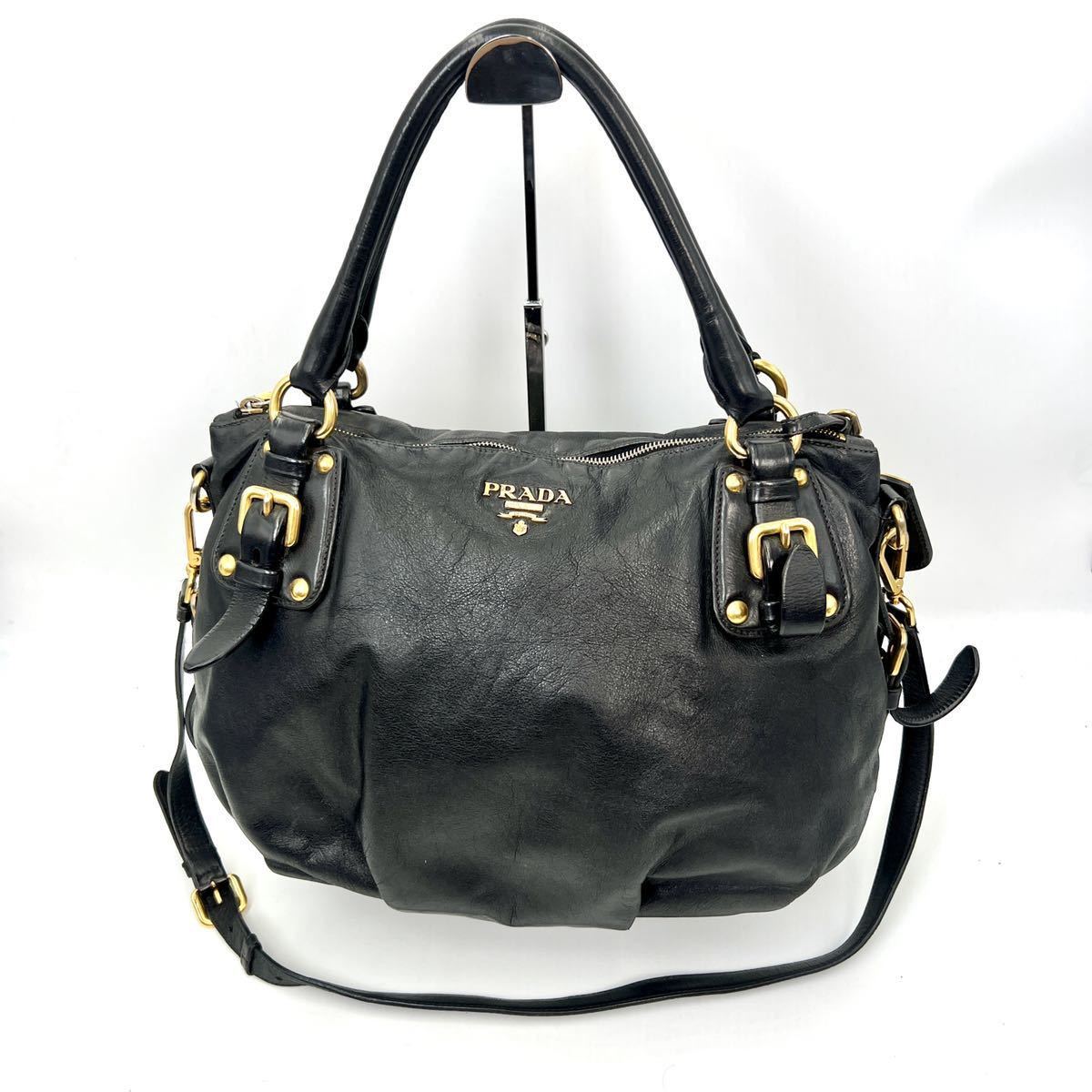 1円〜【最高級・極上】 PRADA プラダ トートバッグ ハンド 2WAY ショルダー付き ゴールド金具 レザー 黒 ブラック ロゴ 刻印 シリアル有 PRADA プラダ トートバッグ バッグ ワンショルダーバッグ ハンドバッグ＆トートバッグ